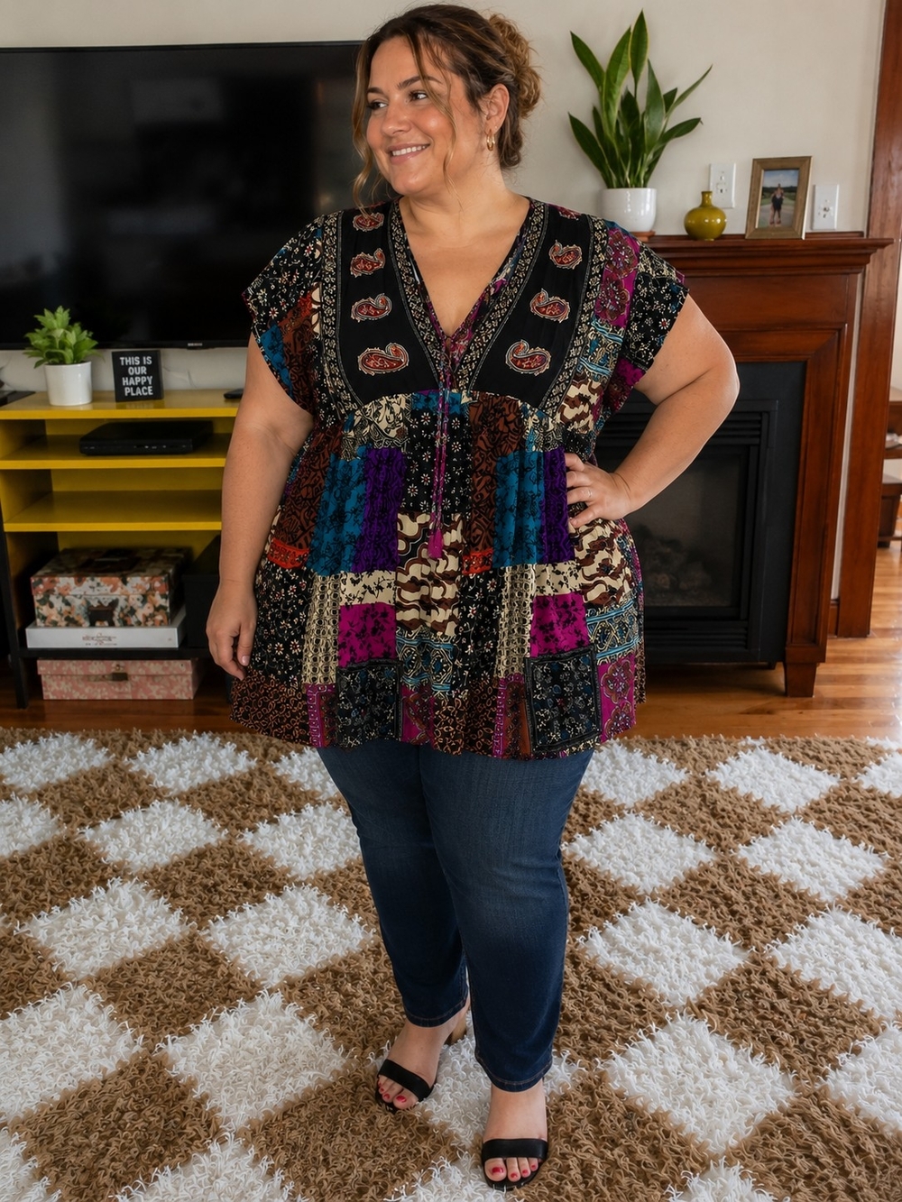 SHEIN Curve 0XL Boho Patchwork Peasant Blouse V-Neck 100% Viscose